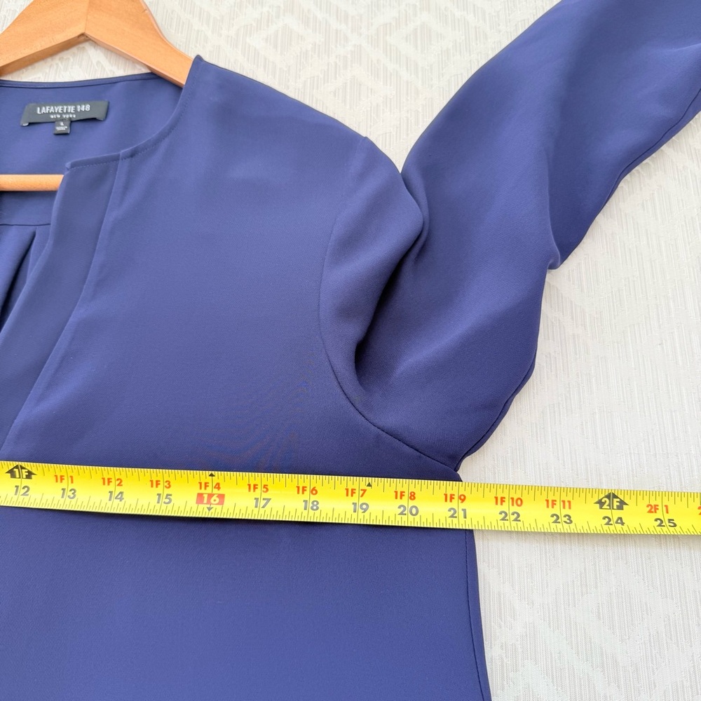 Lafayette 148 New York 100% Silk Split V Neck Navy Blue Women's Blouse Size L - Picture 5 of 6